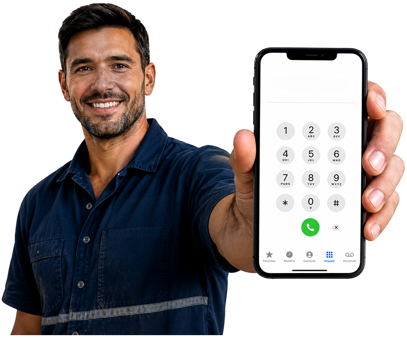 Greenwich Blocked Drains plumber holding a phone — call 1300 261 965