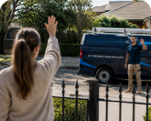 Customer waving goodbye to a Greenwich Blocked Drains plumber